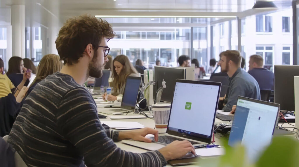 Students in a modern classroom environment working on laptops and learning technical courses abroad, showcasing collaborative learning and professional development opportunities