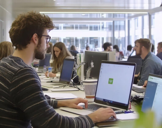 Students in a modern classroom environment working on laptops and learning technical courses abroad, showcasing collaborative learning and professional development opportunities